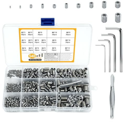 540 Pcs Grub Screws Assorted, Hex Head Grub Screws for Door Handles, Allen Key Stainless Steel Screwss, Set Screw for Taps, Bathroom Fixtures, Home Repairs (M2 M3 M4 M5 M6 M8, Silver)