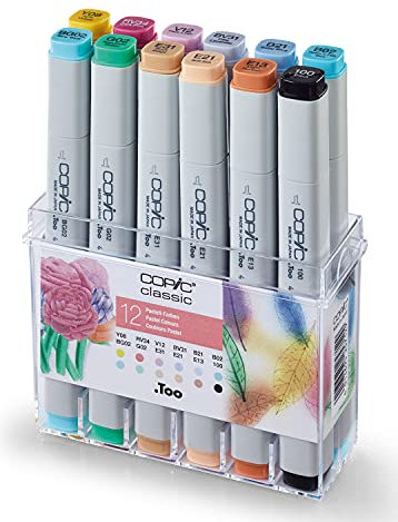 COPIC Classic Set Pastell-Farben, 12er Set im Acryl-Display, Twin Marker mit einer mittelbreiten und einer feinen Spitze