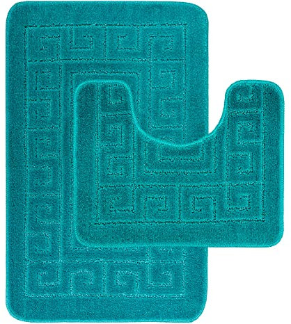 EDS Luxury 2 Piece Greek Bath Mat Set Non Slip Ultra Soft Bathroom Mats Water Absorbent Bath Mats Machine Washable Rug Toilet Mat for Bathroom Floor (TEAL)