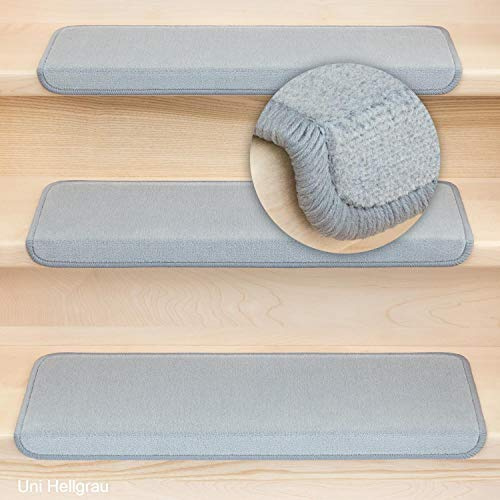 Metzker Stufenmatten Treppenmatten Uni Hellgrau 15 Stück Rechteckig | Velourteppich von DAS TEPPICHWERK - Trittfläche ca. 65x24cm incl. Klebeband