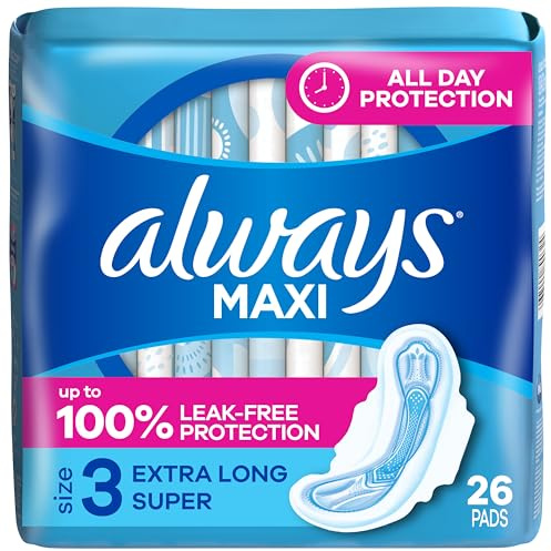 ALWAYS Maxi Size 3 Extra Long Super Pads with Wings Unscented, 26 Count