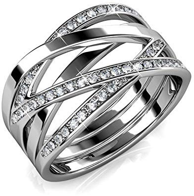 MYC-Paris - Criss Cross Ring - Hochwertiges Messing + 18K vergoldet - 50 hochwertige österreichische Kristalle ø 1 mm - Geburtstagsgeschenk, Muttertag, Weihnachten Silber Farbe, Größe 52