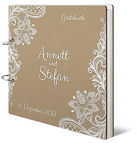 Hochzeit Gästebuch Holzcover 215 x 215 mm 144 Naturpapier Innenseiten personalisiert - Rustikal Kraftpapier