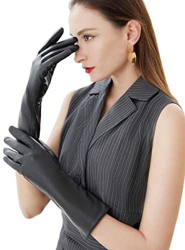 VIKIDEER Damen-Handschuhe aus echtem Leder, voller Touchscreen, warm, gefüttert, eleganter Stil, lange Handschuhe