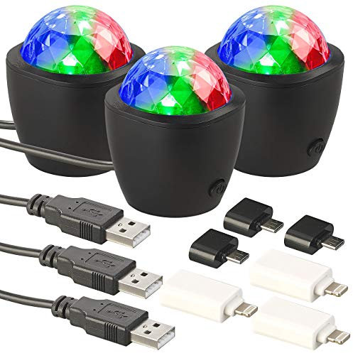 Lunartec Mini Discokugel: 3er-Set Mini-RGB-Disco-Licht, Akustik-Sensor, USB- & iPhone-Anschluss (Mini Discokugel USB, Handy, Farbwechsler)