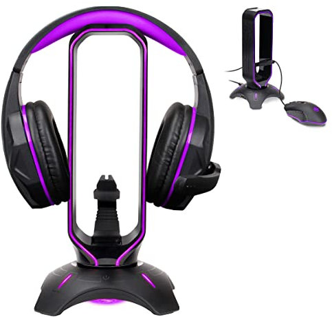 ENHANCE Gaming Headset Stand - LED Headphone Hanger with Mouse Bungee and 2 Port USB Hub - 7 RGB Colors + Color Changing Mode, Headset Hanger, Mouse Bungee 3-in-1 Gaming Desktop Accessory