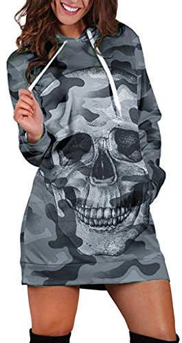 Xniral Damen Kleid Kapuzenoberteil Tarnung Schädel Druck Langarm Sweatshirt Lange Kapuzenpullover Minikleid mit Taschen (Grau, M)