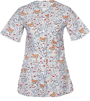 DINOZAVR Carla Blouse Medicale Femme - Tenue Infirmiere Professionnelle Imprimé Coloré, Manches Courtes, Col en V, 2 Poches Inférieures, 1 Poche Supérieure, Fermeture à Bouton - Ours/Gris XS