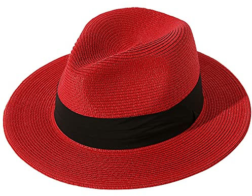 Lanzom Women Wide Brim Straw Panama Roll up Hat Fedora Beach Sun Hat UPF50+, Red, M