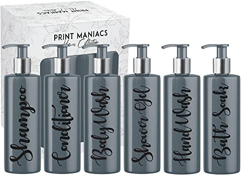 Print Maniacs Grey Mrs Hinch Inspired Personalised 500ml Pump Bottles Bathroom Lotion Kitchen Set Shampoo Conditioner Body Wash (Set 6) (Black)