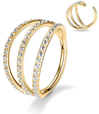 hengkaixuan 18G Triple Open Stacked CZ Daith Ringe 316L Chirurgenstahl Septum Clicker Ring Ohrmanschette Helix Clicker Scharnierring Unisex Creolen Conch Tragus Knorpel Lip Piercing Schmuck 8mm Gold