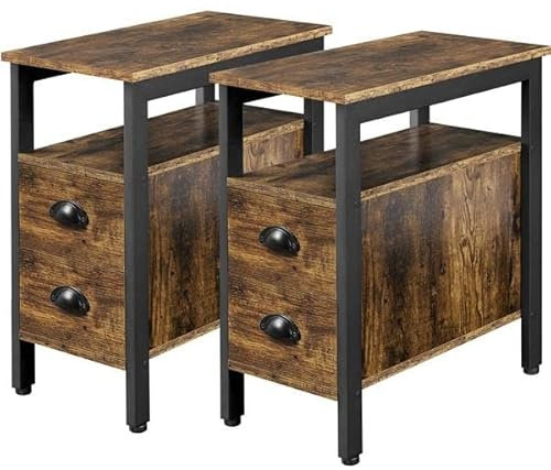 Yaheetech 2PCS Narrow Side Table, Bedside Table with 2 Drawers, Slim Nightstand for Small Space, Industrial Style End Table with Open Storage for Living Room/Bedroom, Rustic Brown