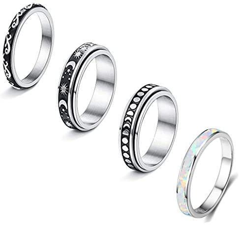 Corato Edelstahl Damen Ring Set Silber Opal Hochzeit Ring für Frauen Punk Spin Freundschaftsring für Anxiety Stressabbauende Größe 60(19.1)