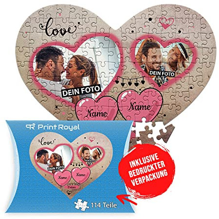 Foto-Puzzle selbst gestalten - Love - mit 2 Fotos, Namen & Datum Bedrucken - Herz-Puzzle Personalisieren - Geschenk zu Valentinstag, Jahrestag - 114 Teile inkl. Kartonverpackung