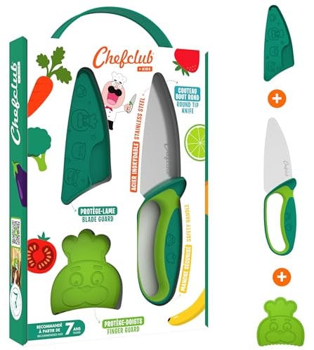 Chefclub Kids- Kit Couteau de Cuisine pour Enfants - Lame Acier Inoxydable - Protège-Doigts et Protège-Lame - Ustensile Sécurisé et Ergonomique - Bleu & Rouge - Idéal dès 7 ans