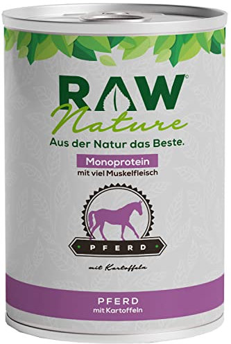 RAW Nature - Pferd Pur 400 g - Mit Kartoffeln - Nassfutter für Hunde - Hoher Fleischanteil - Monoprotein - Getreidefreies Hundefutter