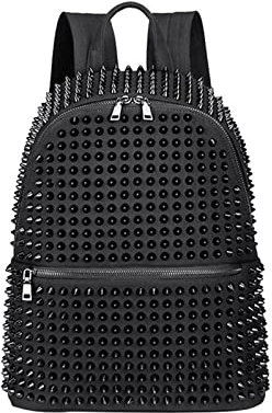 Freizeitrucksack Mode Weibliche Frauen Rucksäcke Niet-Schwarz-weich gewaschenem Leder Tasche Schulranzen Mädchen Punk Taschen Reisen Zipper (Color : Black)