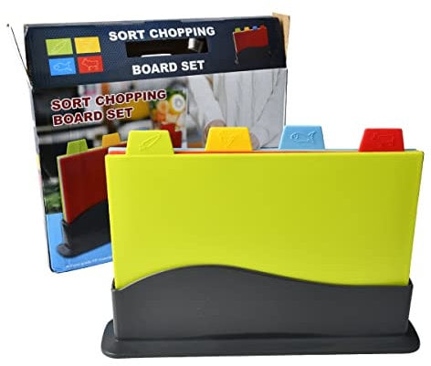 DODUOS 4PCS Plastic Chopping Board Set with Intelligent Color Coding and Storage Stand, Colour Coded Chopping Boards, Coloured Chopping Boards Set Prevents Food Cross Contamination