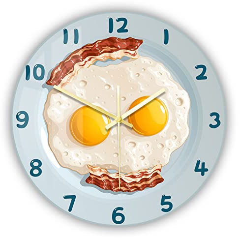 AMZOC 30 Cm Pendule Murale De Oeufs Brouillés avec Bacon sur Une Assiette Petit Déjeuner Horloge Murale pour La Maison Cuisine Salle À Manger Journée Ensoleillée Smiley Visage Montre Murale