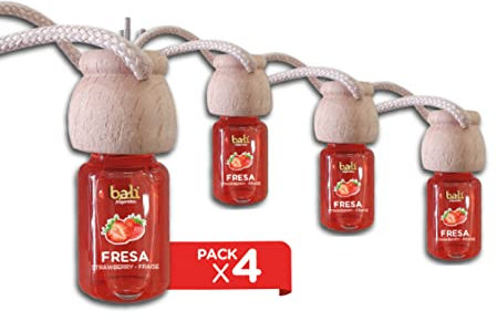 Bali Fragrances Pack de 4 Désodorisants Fraise 6 ml 0% alcool, absorbe les mauvaises odeurs de votre véhicule