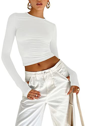 Damen Casual Tops T-Shirt Slim Fit Rundhalsausschnitt Basic Top Y2K Crop T E-Girls Streetwear(Weiss-3,M)