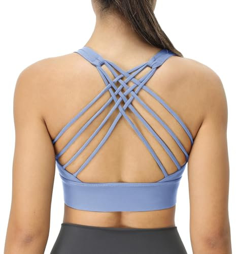 icyzone Damen Sport-BH Gepolstert Ohne Bügel Yoga Bra Gekreuzt Rücken Sport Gym Fitness BH (ICY Blue, S)