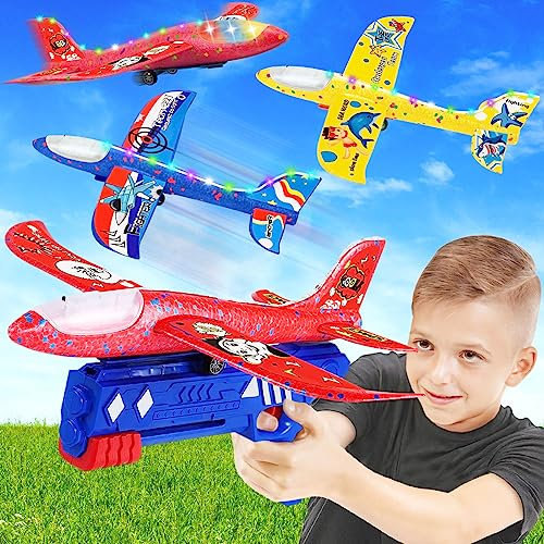 NCKIHRKK Flugzeug Spielzeug, 3 Stück Styroporflieger mit Katapult Pistole, Beleuchteter Flugzeugrumpf, Fugzeug Styropor Outdoor Spiele für Kinder Junge Mädche 3 4 5 6 7 8 9 Jahre