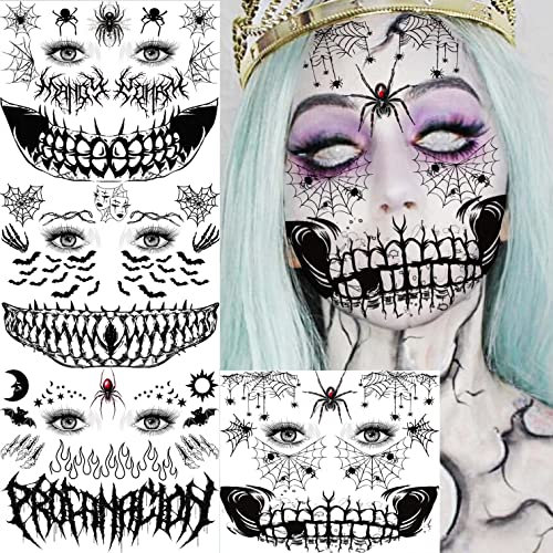 COKTAK 4 Blatt Gruselig Halloween Gesicht Temporäre Tattoos Damen Herren Klebetattoos Erwachsene, Fake Wunden Narben Hexen Zombie Make UP Schminke, Spinne Spinnennetz Gesichtstattoos Aufkleber