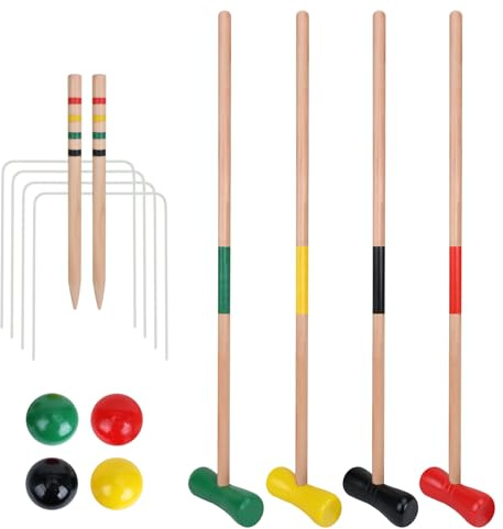 GOTHINK 4 Players Croquet Set with Wooden Balls for Adults & &Kids - Summer Outdoor Games for School Field Day Lawn Backyard Activity - 30Inch Wooden Mallets,Colored Ball, Wickets, Stakes