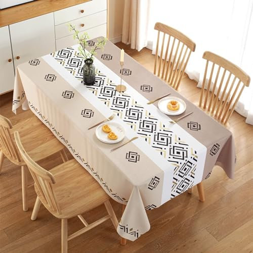 Tischdecke Landhausstil Vintage, PVC Flickwerkfarbe mit geometrischem Muster Tischtuch für Esszimmer, Garten, Party, Hochzeiten oder Haushalt, Leichter Kaffee, Stil 3, 137 x 220 cm