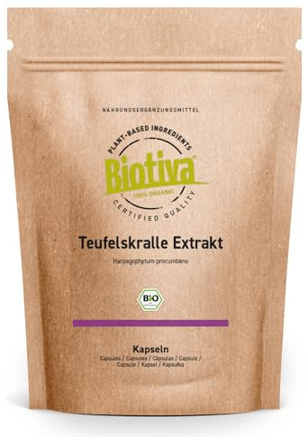 Teufelskralle Extrakt Bio 140 Kapseln | 27% Harpagoside hochdosiert | Harpagophytum procumbens | Afrikanische Trampelklette | Bio-Extrakt | Abgefüllt und kontrolliert in Deutschland | Biotiva