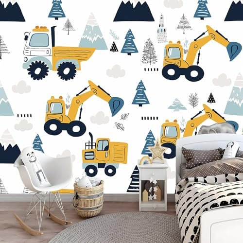 Papier Peint Panoramique Jolie Voiture De Construction Et Excavatrice, 400 x 280 cm Papier Peint Intissé Graffitis Simples Personnalisé Photo Murale pour Salon Chambre d'enfants Décoration Murale