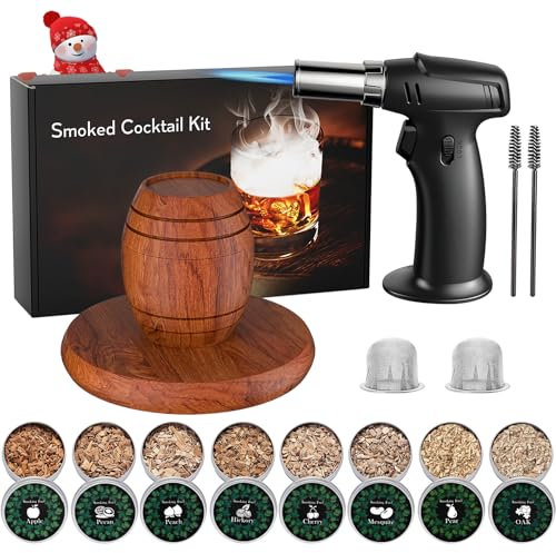 Yecuip Kit fumoir à whisky avec torche Bourbon Cocktail Smoker Cadeau pour papa, mari - 8 saveurs - Copeaux de bois à l'ancienne - Cadeau pour homme (sans butane)