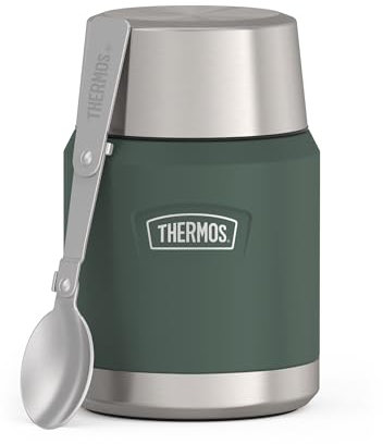 Thermos ICON Food Jar 0,47 l, grün matt/forest, Speisegefäß für Essen 470 ml, doppelwandigem 18/8 Edelstahl, hält warm und kalt, mit klappbarem Löffel, rutschfester Boden, absolut dicht