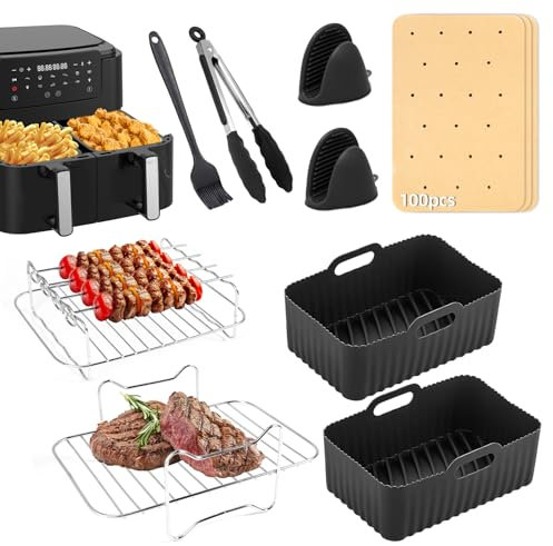 Teglia Riutilizzabile per Friggitrice ad Aria - Accessori Doppio Cestello in Silicone per Air Fryer, Forno, Microonde - Contenitori Senza BPA