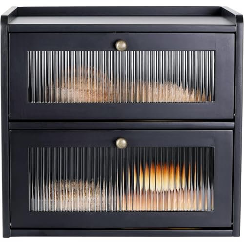 Lnopever Portapane in Legno,Contenitore per Pane a Doppio Strato per Conservazione di Alimenti di Grande Capacità da Cucina e Panetteria,Cassetta per il Pane Salva Aroma in Legno,36.5*24*34cm,Nero