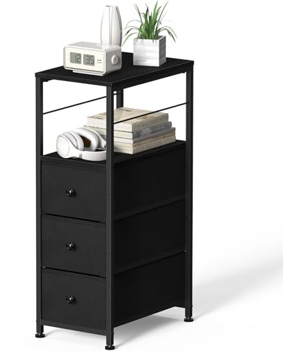 LIANTRAL Schmale Kommode für Badezimmer, schmaler Kommode, Aufbewahrungsschrank, Kommode mit 3 Stoffschubladen und Holzregal, Schlafzimmer-Organizer-Turm für kleinen Raum, Schrank, Wäsche, Schwarz