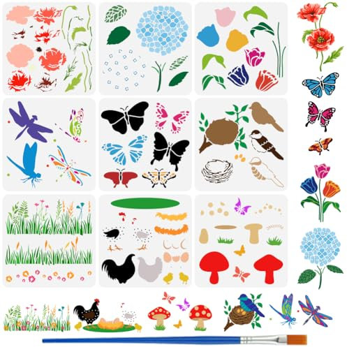 FINGERINSPIRE 9 Stück Mehrschichtige Malschablone Mit Pinsel Für Tiere Und Pflanzen 30x30cm Schmetterlinge Libellen Hühner Vögel Zeichenvorlage Tulpen Hortensien Gras Mohnblumen Pilze Vorlage