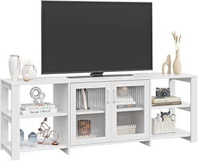 Panana Modern 63“ TV Unit TV Stand with 2 Door 4 Cubby Open Shelves for Livingroom Bedroom (White)