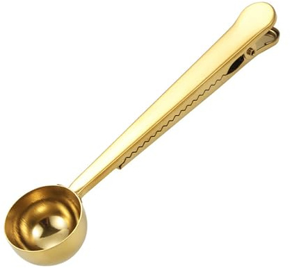 Foyscr 7-Inch Coffee Scoop with Bag Clip, Multifunctional Coffee Scoop for Measuring Ground Coffee and Coffee Beans, Stainless Steel Kitchen Tool (Gold)