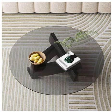 HGTRH Mesa de Centro de Cristal, Mesa de Sofá Redonda de Madera con Tapa de Cristal Templado para Oficina en Casa Black 80x80x41cm