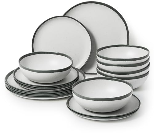 La Joventino 18PCS Vintage Grey Rim Melamine Dinner Set for 6 People, Durable Camping Plates and Bowls Set Dinnerware Sets for Outdoor Use