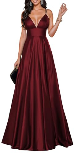 HOMEYEE Damen Elegant V-Ausschnitt Lang Brautjungfernkleid Sexy Rückenfrei Abendkleider A-Linie Ballkleid Hochzeitskleid A490 (S, Burgund)