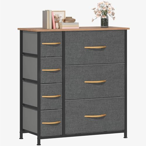 TAUS Cassettiera con 7 cassetti in tessuto con maniglie facili da tirare, struttura in acciaio robusto, grigio scuro per riporre i vestiti in camera da letto o armadi.