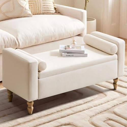 Banc Coffre de Rangement 116 cm | Banc de Bout de Lit en Tissu Beige