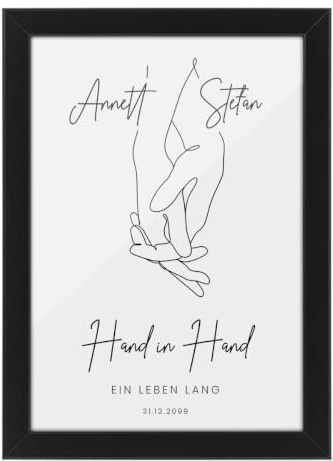 Kartenmachen.de Personalisiertes Hand in Hand Poster mit eigenen Namen und Text, Geschenke für Frauen, Freundin, Hochzeit, Sie & Ihn, Bilderrahmen optional, 4 Größen wählbar, 2 Farben