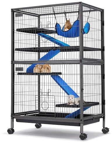 Fragess Kleintierkäfig, 127 cm hoch, Metall, rollbar, 5-stöckig, Meerschweinchenkäfig, Frettchenkäfig, Kaninchenkäfig, Chinchilla-Käfig für Ratten/Hamster, 1,3 cm Gitterabstand mit abnehmbarer Rampe