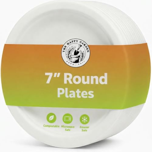 Strong Bagasse Paper Plates, 7 Inch Round (Pack of 50) | Heavy Duty Disposable Plate, Eco Friendly Sugarcane Dishes, Compostable Party Plates, Microwave & Freezer Safe
