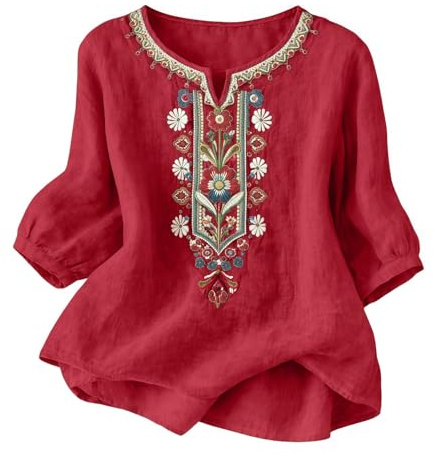 YGERGWE Summer Tops for Women UK Cotton Linen Embroidered Floral Blouse Short Sleeve Casual Tunic Tops Ladies Summer Loose Fit Soft Comfy Holiday Beach Tee Shirts