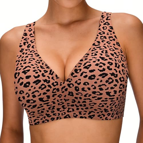 Seamless Jelly Bra,Full Cup Leopard Print Bra Comfort Sleep Jelly Push Up Bra Seamless No Under Wireless Bras for Women Uk Everyday T shirt Bras (UK, Alpha, L, Regular, Regular, Leopard print black)